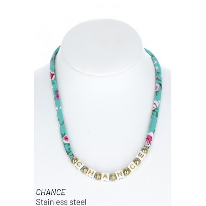 FABRIC, STL. ST NECKLACE WITH MESSAGE "CHANCE"