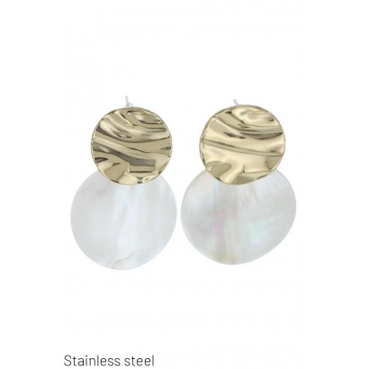 EARRINGS STL.STEEL ROUND SHAPE, SHELL, HAMMERED ME