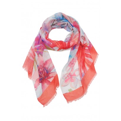 SCARF WITH EXOTIC FLOWER PATTERN AND COLORED EDGE