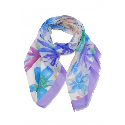 SCARF WITH EXOTIC FLOWER PATTERN AND COLORED EDGE