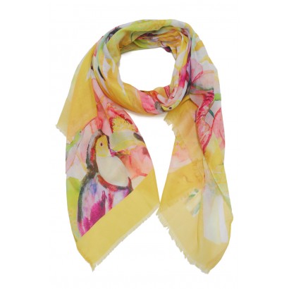 SCARF WITH TOUCANS AND FLOWERS ON COLORFUL BKG