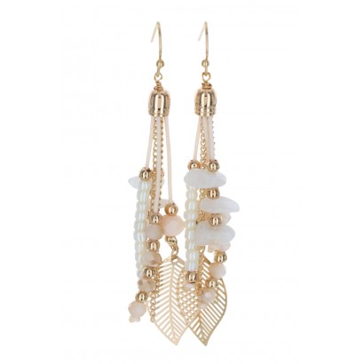 EARRINGS WITH STONES, BEADS, FRINGES, LEAF PENDANT