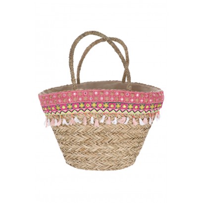 STRAW BASKET WITH RIBBON ETHNIC STYLE AND TASSELS