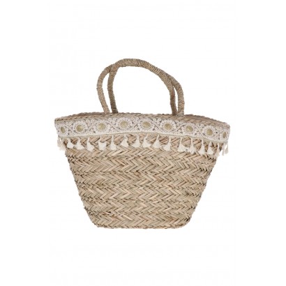 STRAW BASKET WITH EMBROIDERED RIBBON AND TASSELS