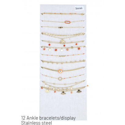SET: 12 ST. STL ANKLE BRACELETS WITH BEADS, BEE