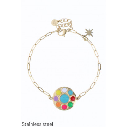 STAINLESS STEEL BRACELET, COLORED ROUND PENDANT