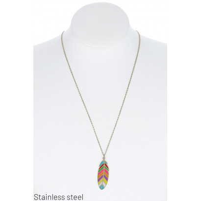STAINL.STEEL NECKLACE WITH COLORED FEATHER PENDANT