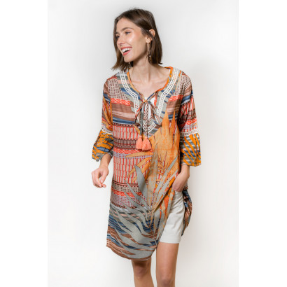 COTTON TUNIC PRINTED SAHARA STYLE WITH KNOTLACE