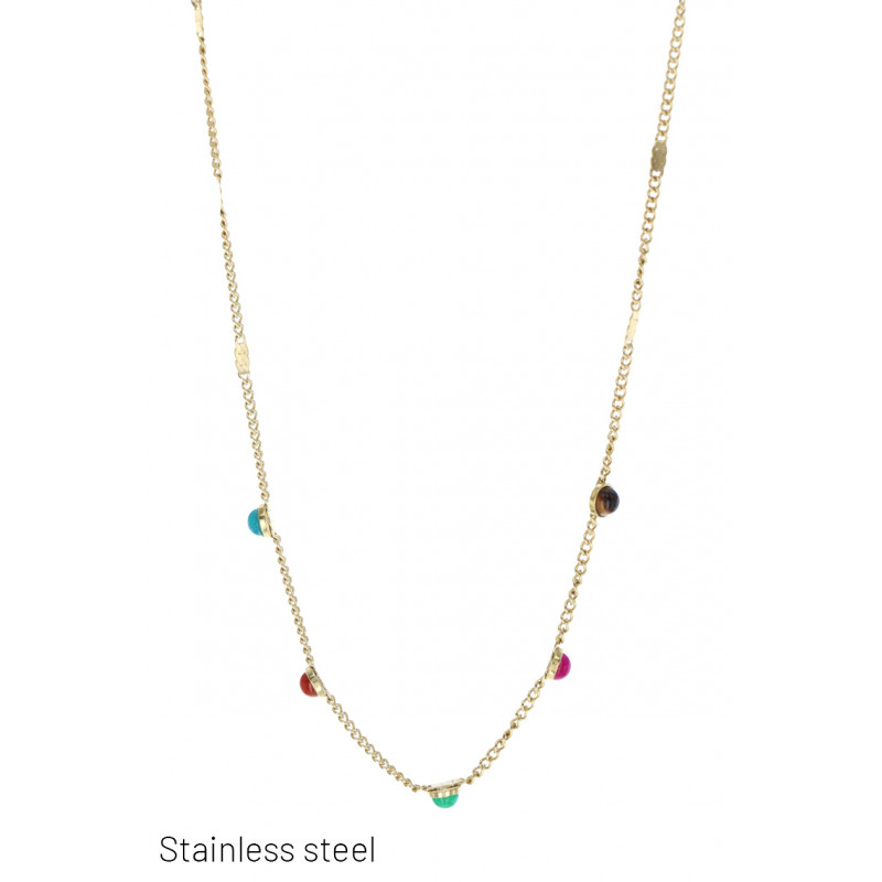 STAINL.STEEL NECKLACE WITH ROUND & COLORED STONES