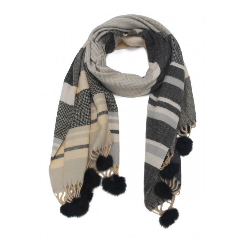WOVEN WINTER SCARF PRINTED STRIPES WITH POMPOMS
