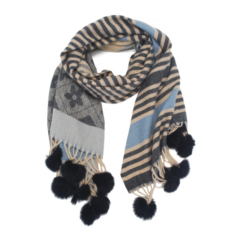 WOVEN WINTER SCARF STIPES, FLOWERS WITH POMPOMS