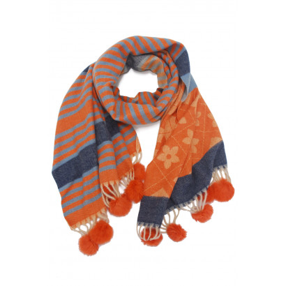 WOVEN WINTER SCARF STIPES, FLOWERS WITH POMPOMS