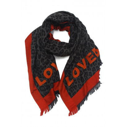 SCARF WITH ANIMAL PRINTED AND "LOVE" WITH FRINGES