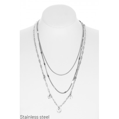 STAINLESS STEEL 3 ROWS NECKLACES, ROUND PENDANT