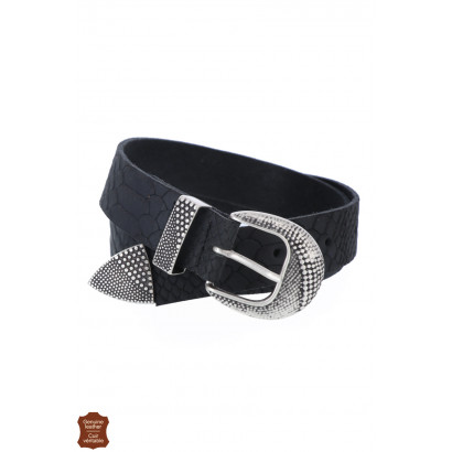 LEATHER BELT WITH SNAKE EFFECT, HAMMERED METAL