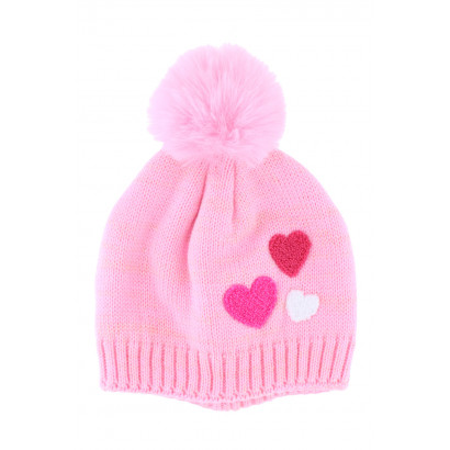 CHILD SKNITTED HAT WITH EMBROIDERED HEART, POMPOM