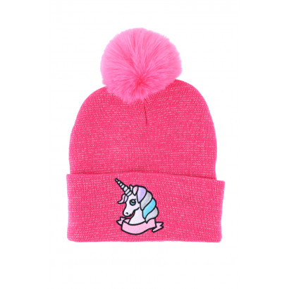 KNITTED HAT KIDS WITH TURN UP AND POMPON