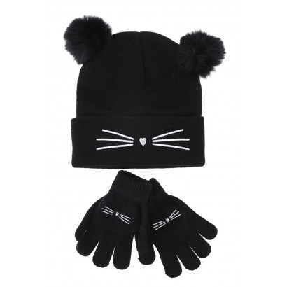 KIDS HAT AND GLOVES SET WITH CAT MUSTACHE IN LUREX