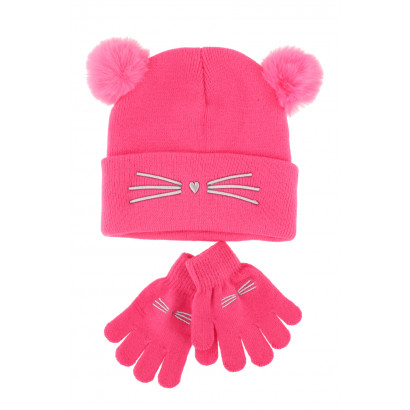 KIDS HAT AND GLOVES SET WITH CAT MUSTACHE IN LUREX