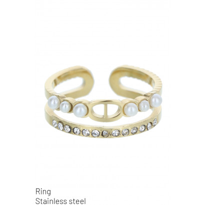 RING STAINLESS STEEL, 2 ROWS WITH PEARLS