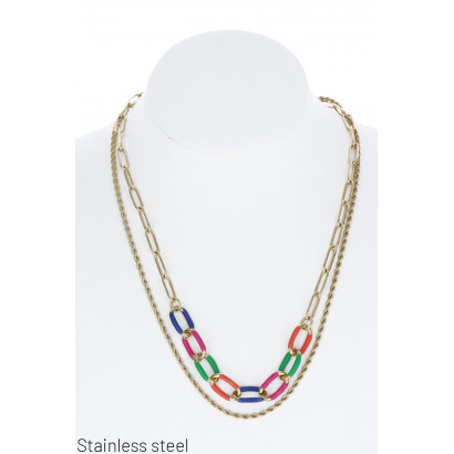 2 ROWS STAINL.STEEL NECKLACE WITH COLORED LINKS