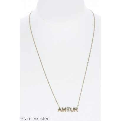 ST. STEEL NECKLACE WITH "AMOUR" & FLOWER PENDANT