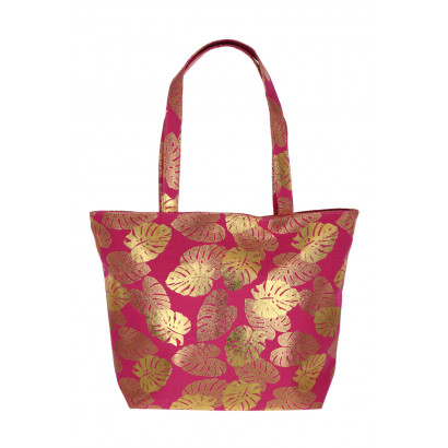 SHOPPING BAG WITH METALLIC EXOTIC LEAVES PATTERN