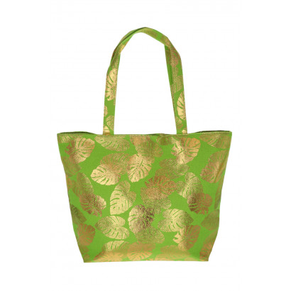 SHOPPING BAG WITH METALLIC EXOTIC LEAVES PATTERN
