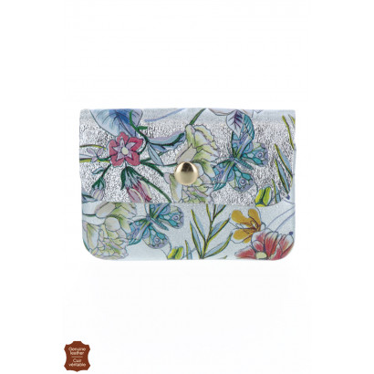 LEATHER METALIZED PURSE WITH FLOWERS PRINT