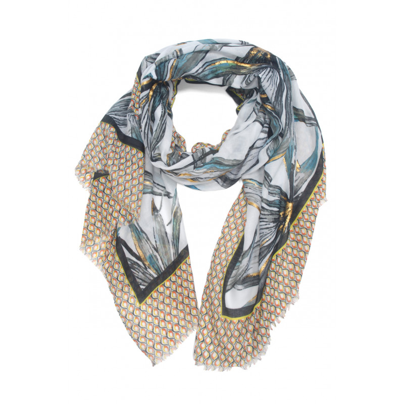 SCARF WITH LEAVES PATTERN, METALLIC PRINT