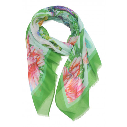 SCARF WITH BUTTERFLIES, FLOWERS AND COLORED EDGE