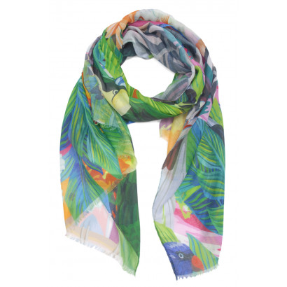 SCARF WITH TOUCANS AND FLOWERS ON COLORFUL BKG