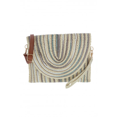 BALI, PAPER STRAW SHOULDERBAG WITH FLAP & STRIPES