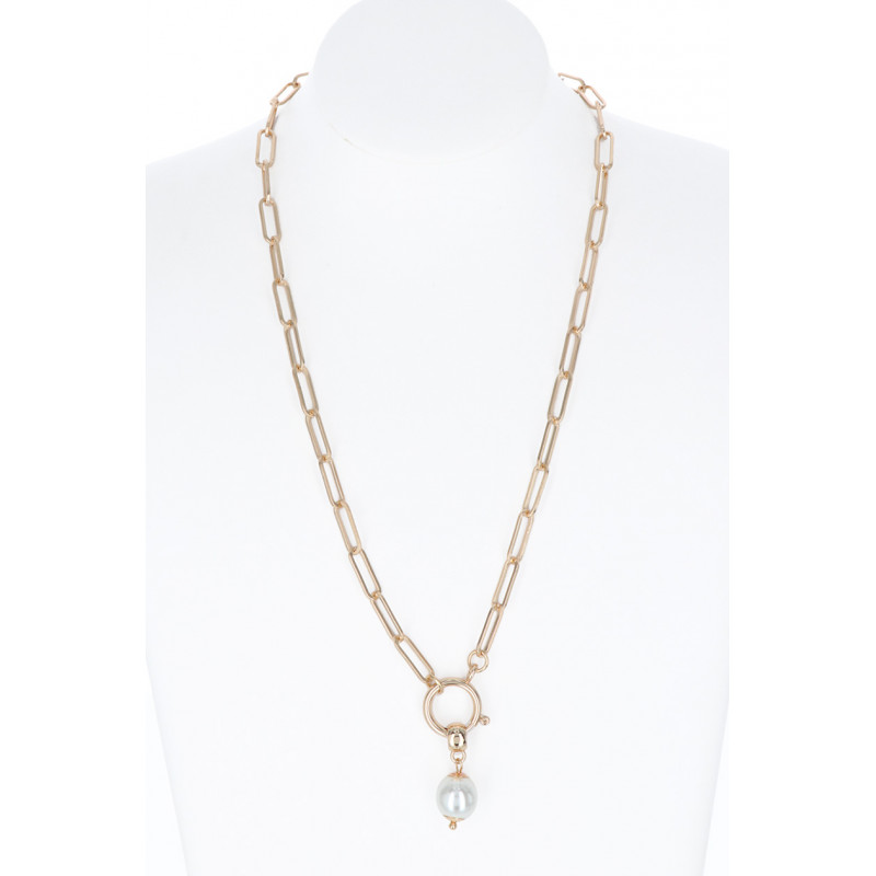 LINK NECKLACE WITH FRONT CLOSURE & PEARL PENDANT