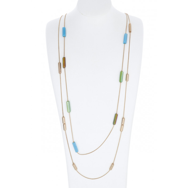 COLLIER LONG 2 CHAINES ET PERLES TUBE