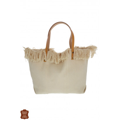 CANVAS HANDBAG WITH FRINGES, LEATHER HANDLES