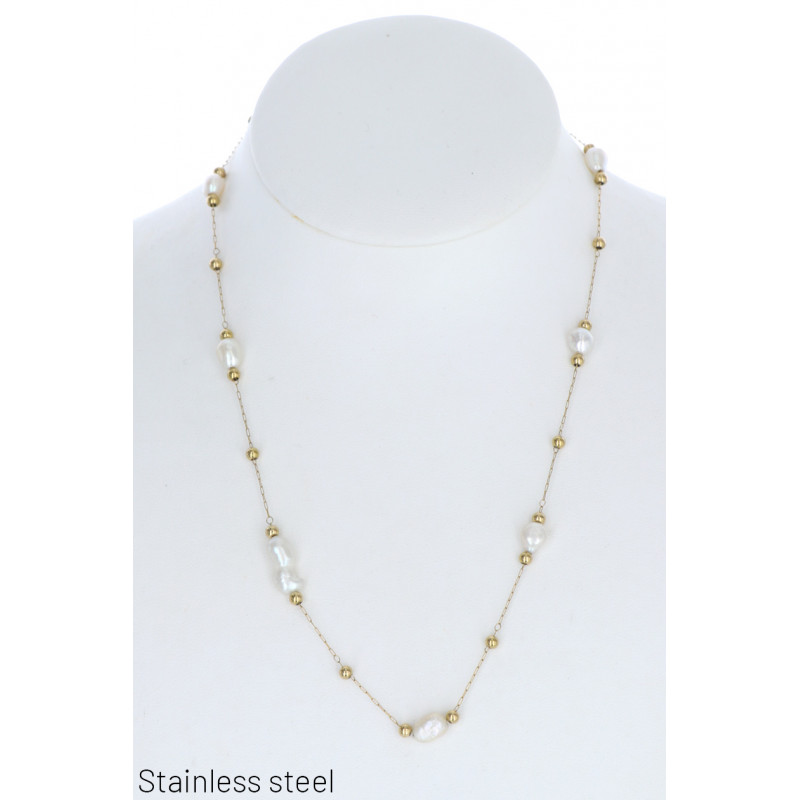STAINL.STEEL NECKLACE WITH ROUND PENDANT AND PEARL