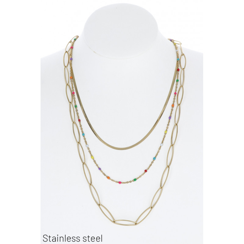 COLLIER 3 RANGS: MAILLONS, CHAINE, BOULES