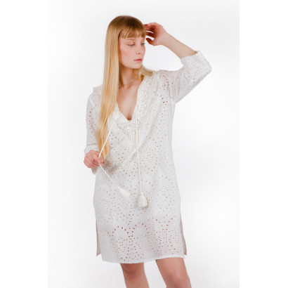 COTTON TUNIC ENGLISH EMBROIDERY AND TASSEL