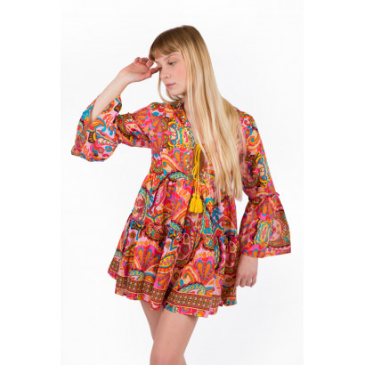COTTON TUNIC PRINTED ARABESQUE AND EMBROIDERY