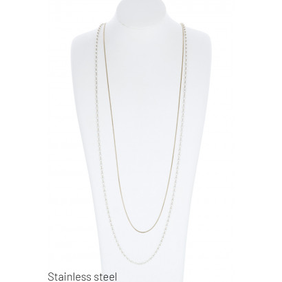 2 ROWS NECKLACE : STEEL CHAIN AND PEARLS