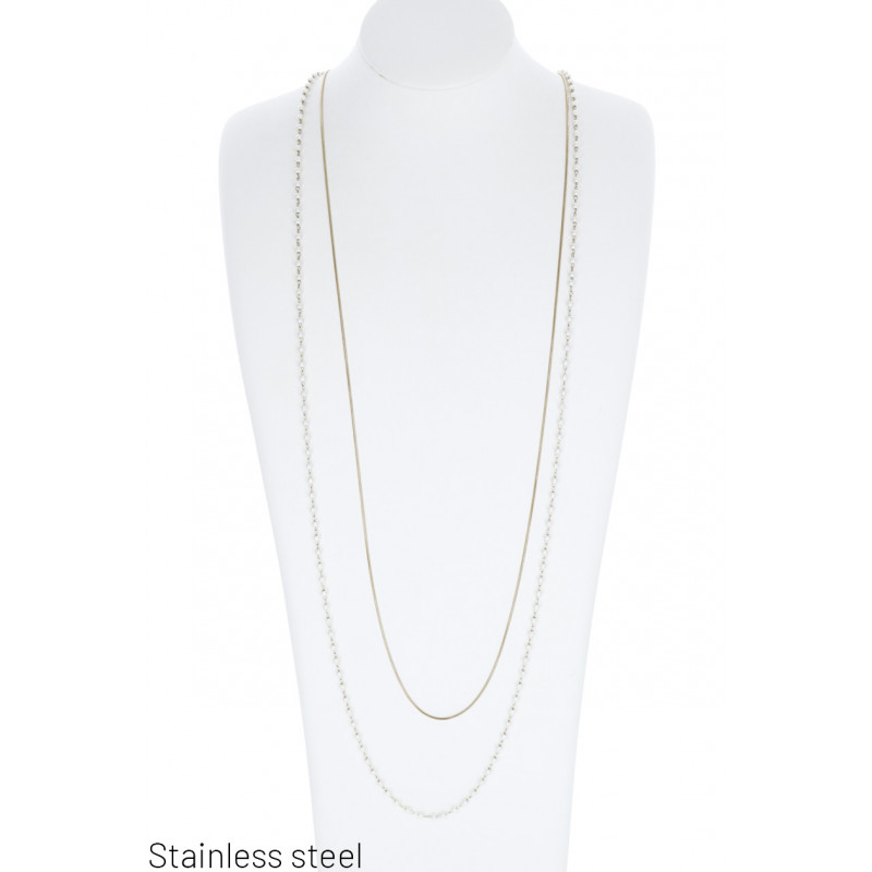 2 ROWS NECKLACE : STEEL CHAIN AND PEARLS