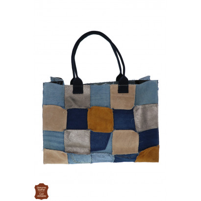 JULLY, TOTE BAG: PATCHWORK METAL. LEATHER, COTTON