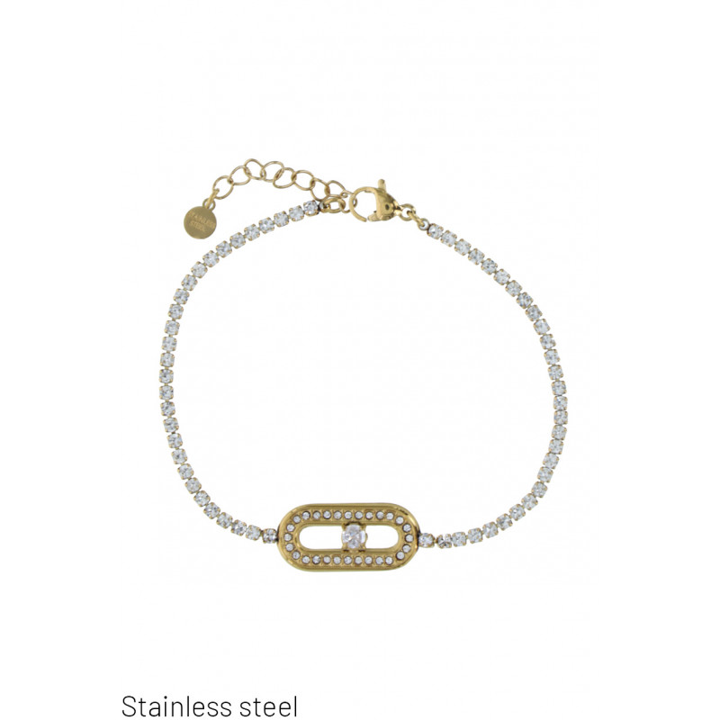 STAINLESS STEEL BRACELET WITH OVAL PENDANT, STRASS