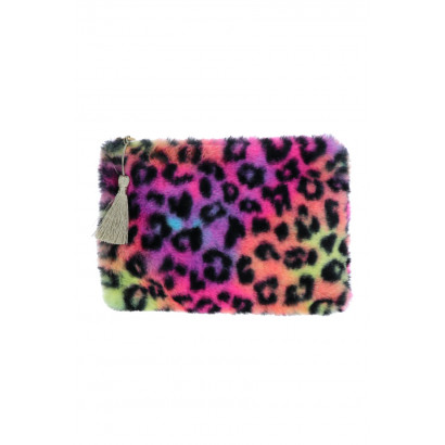 POUCH/KIT IN FUR IMITATION WITH LEOPARD PRINTING