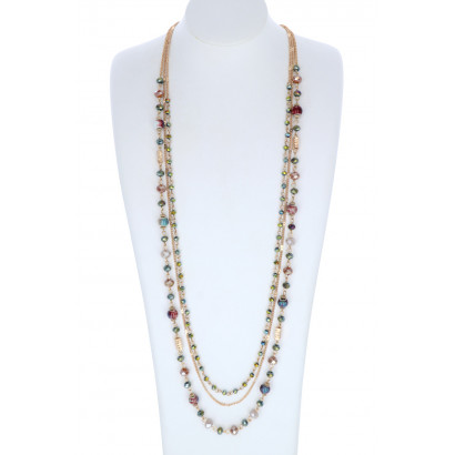 COLLIER A 3 RANGEES, MULTI PERLES, PIERRES, CHAINE