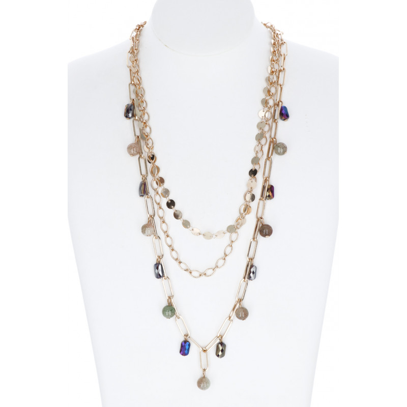 COLLIER A 3 RANGEES, MULTI PERLES, PIERRES, CHAINE