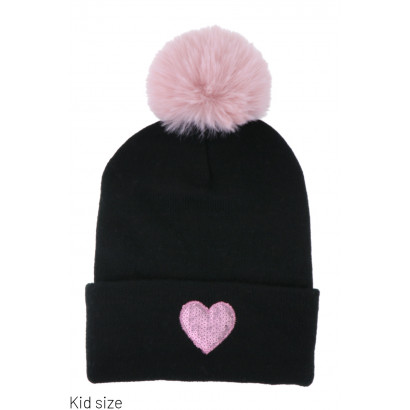 KIDS KNITTED HAT WITH POMPON, HEART IN SEQUINS
