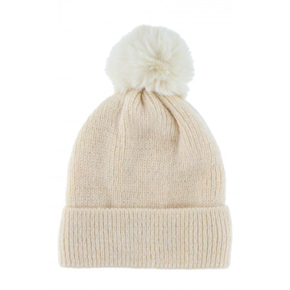 KNITTED HAT WITH TURN UP AND POMPON