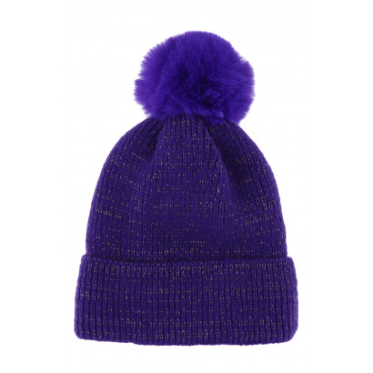 KNITTED HAT WITH TURN UP AND POMPON